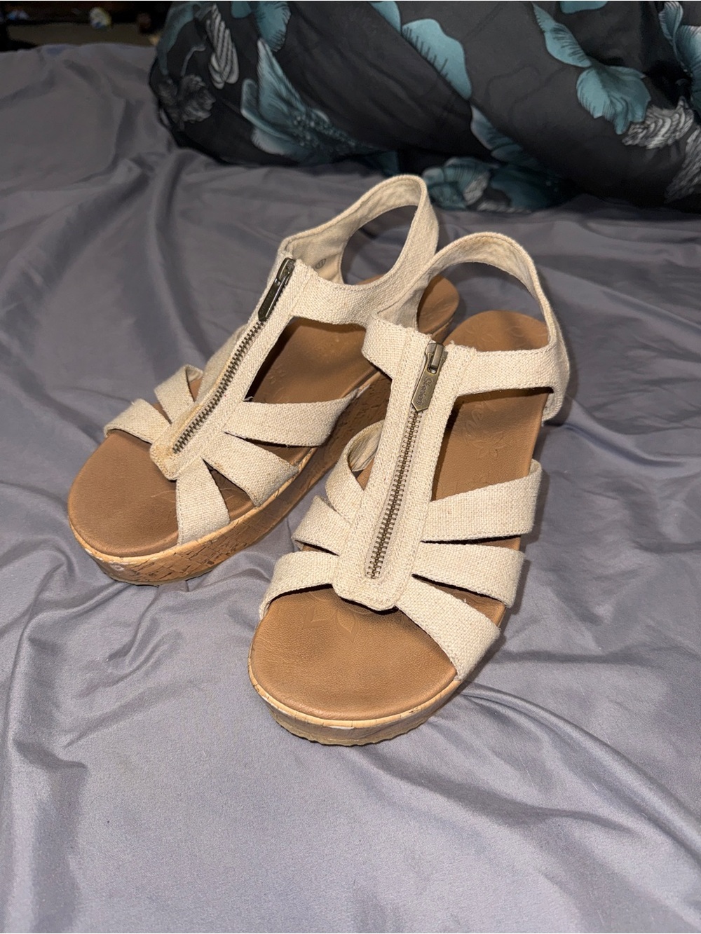 Skechers Beige Zip-Front Wedge Sandals